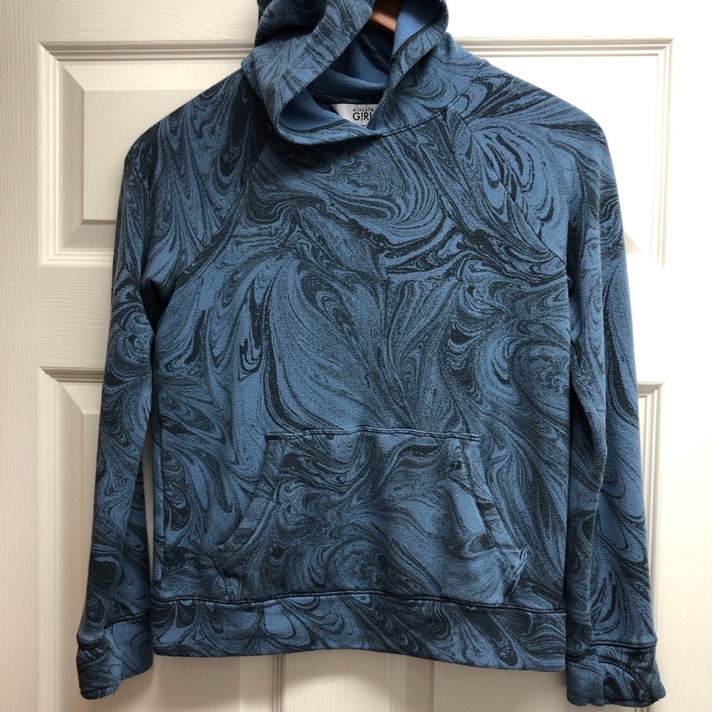 Athleta Girl Large 12 Blue Marble-Print Crewneck Hoodie